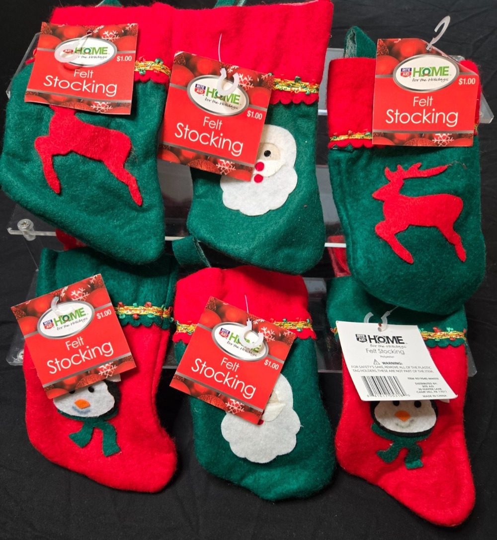 Lot of 6 Vintage Rite Aid Home for the Holidays Mini Felt Christmas Stockings (N